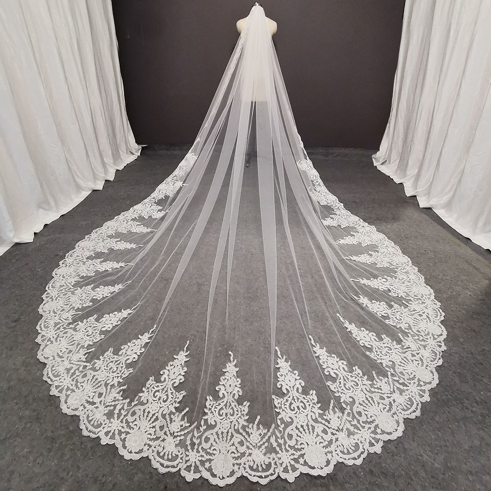 

Wedding Hair Jewelry Real P os Long Lace Bridal Veil with Comb 3 5 Meters 1 Layer Cathedral White Iovry Accessories 230225