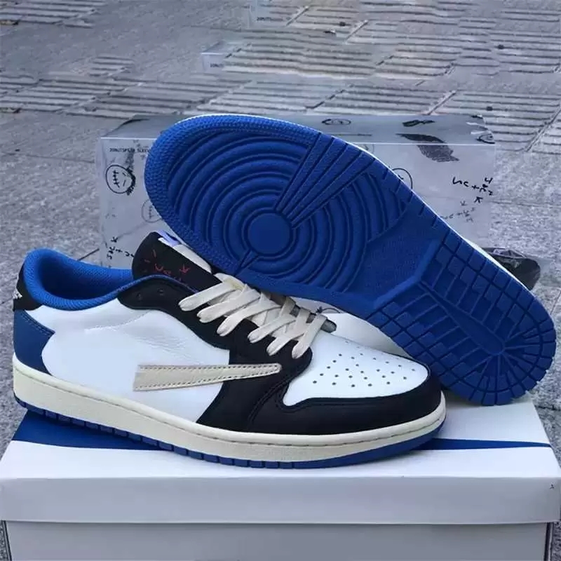 Chaussures de basket-ball Travis Scot x Jumpman 1 Fragment Low Og Fragment Military Blue Designer avec boîte d'origine