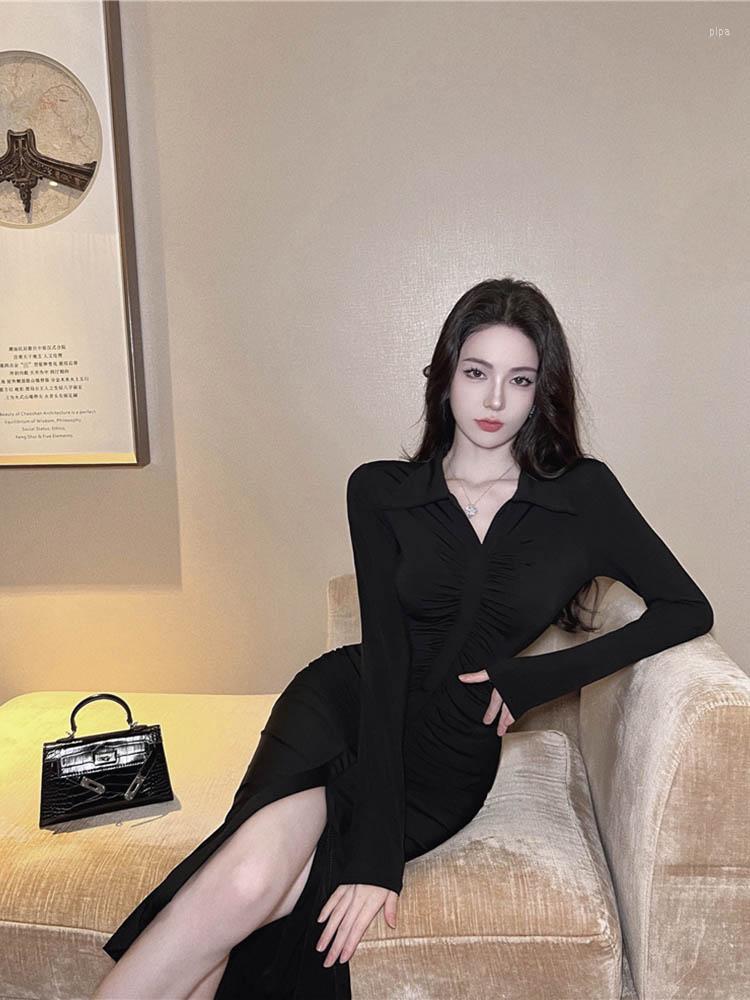 

Casual Dresses For Women French Vintage Hepburn Style Hip Wrap Womens Clothing Girl Solid Dress Autumn/Winter Fashion Clothes, Black