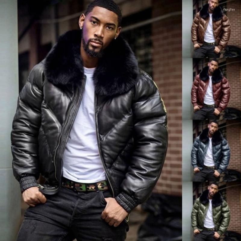 

Men's Down Man Winter Jacket PU Big Fur Collar Plus Size Zipper Long Sleeve Solid Casual Fashion Men Clothing Lugentolo, Black