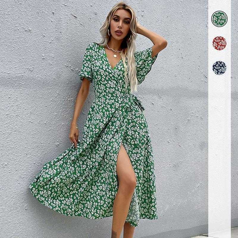 

Spring And Summer Dress Womens Clothing Western Style Green Slim Fit Printed, Navy blue