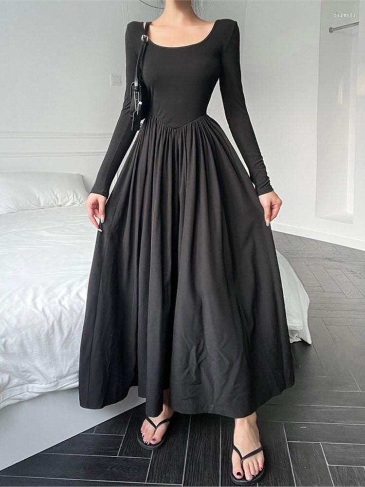 

Casual Dresses Elegant Fashion A-Line Dress Basic Slim Solid O-Neck Long Sleeve Maxi For Women 2023 Autumn Spring Ladies, Black
