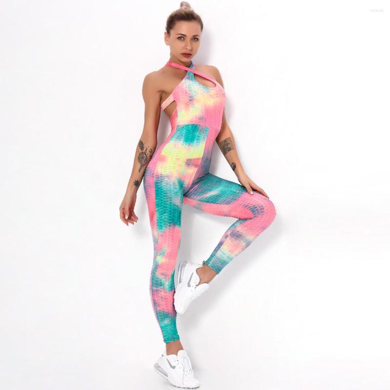 

Active Sets Seamless Tie-Dye Yoga Set Sports Fitness Jacquard Bubblet Slim Fit Hip Raise Jumpsuit Workout Clothes Gym Leggings For Women, Light dark blue