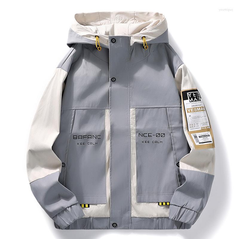 

Men's Jackets Mens Hooded Jacket Spring Autumn Fashion Japanese Streetwear Men Hoodie Outwear Coat Patchwork Letter Print, Gray