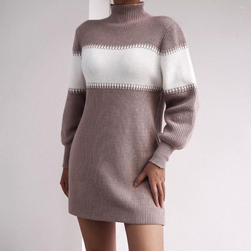 

Casual Dresses Autumn Sweater Dress For Women 2023 Full Sleeve Color Patchwork Turtleneck Knitwear Loose Winter Warm Female Vestido C3932, Black