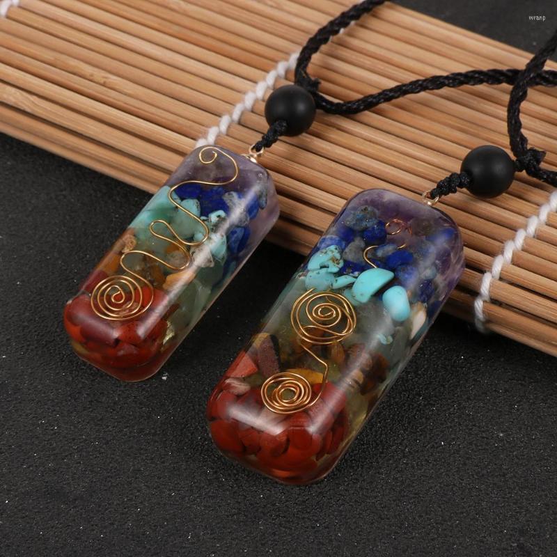 

Pendant Necklaces Natural Chips Stone 7 Chakras Rectangle Oronge Necklace Healing Reiki Orongite Amulet Pendulum Adjustable Rope Jewelry