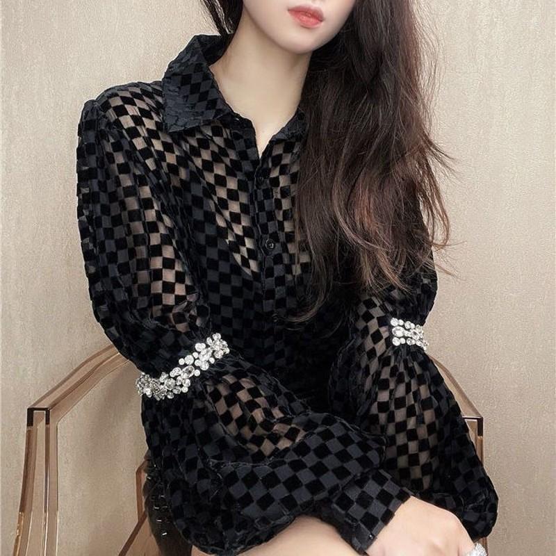 

Women's Blouses Womens Tops And Elegant Long Sleeve Chemise Femme Polka Grid Loose OL Shirt Ladies Chiffon Blouse Dames Blusa Feminina, Black