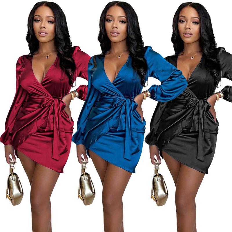 

Casual Dresses 2023 Tilapia Arrivals Sexy Deep V Neck Solid Satin Party Club Dress Short Loose Nightclub Vestidos, Black