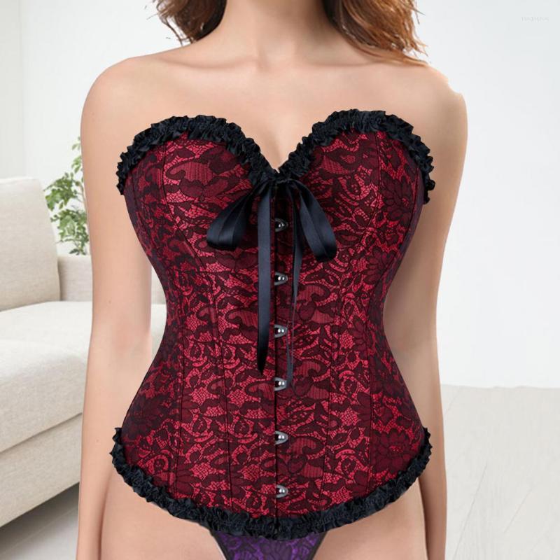 

Women's Shapers Waist Cincher Princess Style High-waist Sleeveless Lace Up Flower Embroidery Shirring Front Closure Adjustable Bustiers, Red