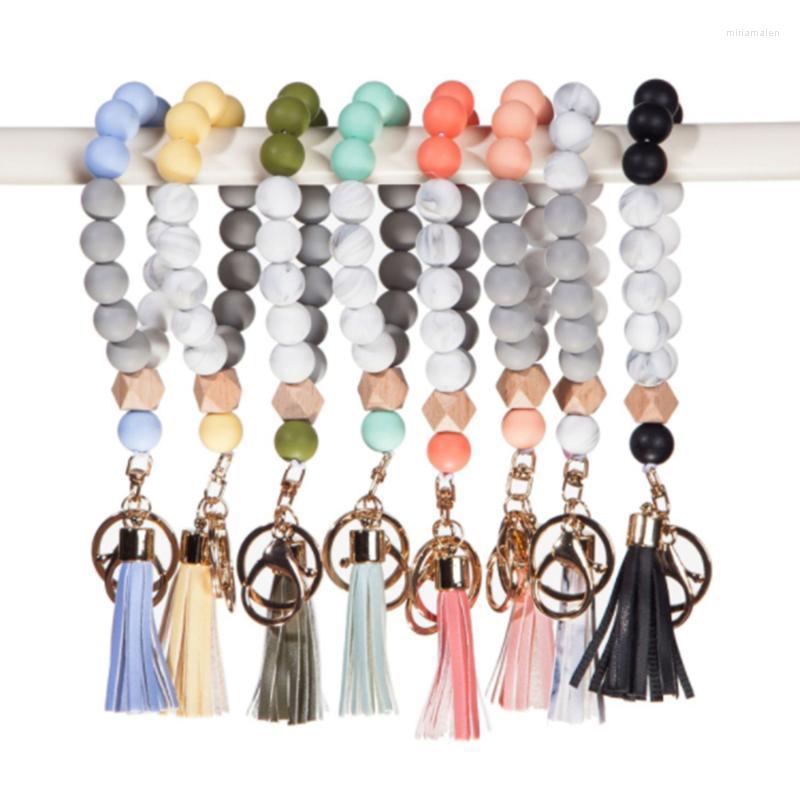 

Keychains Silicone Keychain Tassel Key Wooden Bead Bracelet Ladies Multicolor Beaded Fashion Miri22