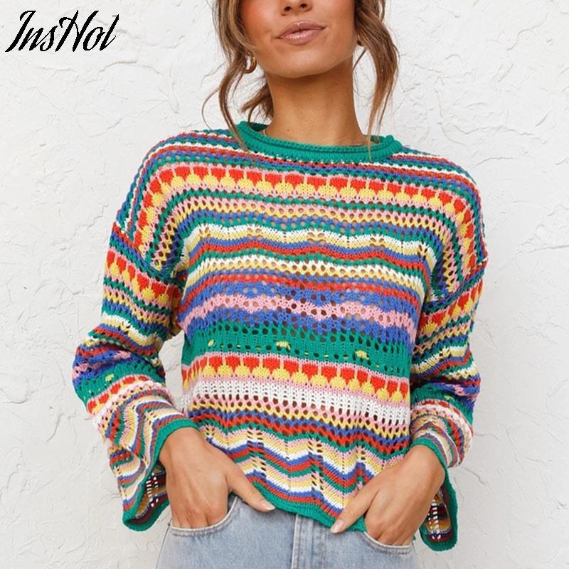 

Women' Sweaters Women Long Sleeve Colorful Stripes Stitching O Neck Casual Female Knit Fashion Autumn Winter Loose 2023, Green