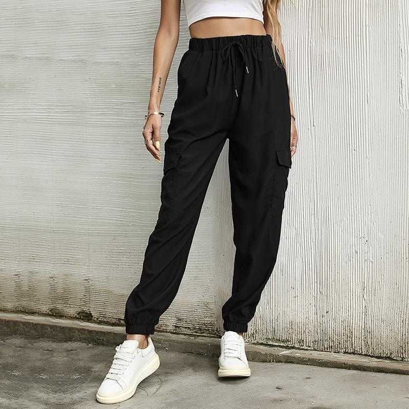 

Summer Ins Capri Style Trendy Solid Color Casual Ankle Banded Pants Women, Black