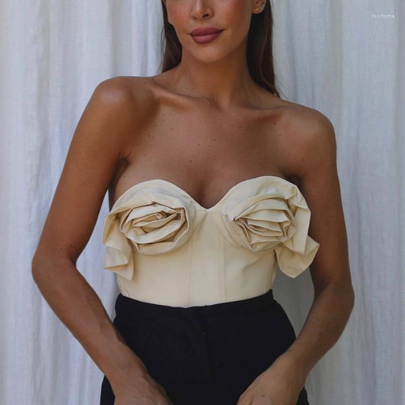 

Women' Tanks Women Crop Top With Raised Flowers Detail Chic Summer Strapless Female Slim Blouse 2023, Yellow