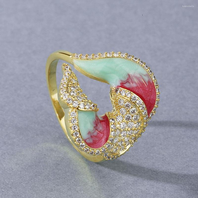 

Cluster Rings CIZEVA Colorful Enamel Ring For Women Luxury Yellow Gold Color Pave Set Cubic Zirconia Wedding Bridal Engagement