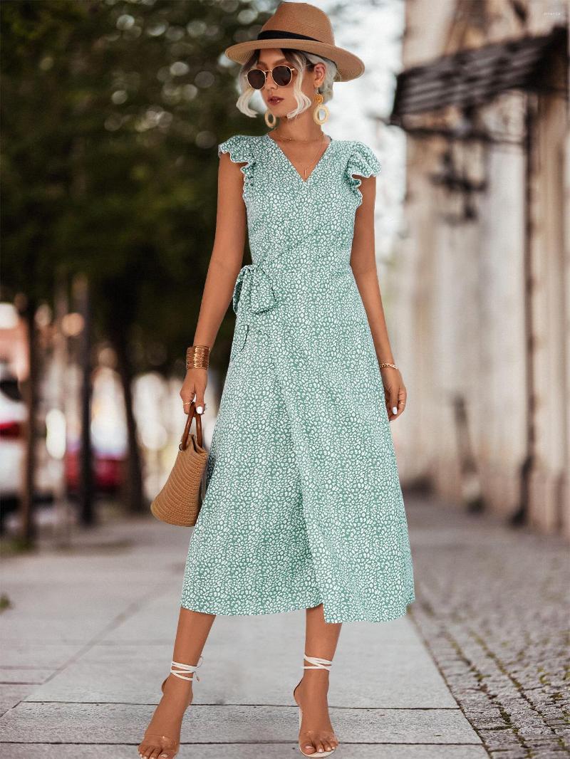 

Party Dresses 2023 Summer Women' Dress Print Color Sexy V-Neck Beach Style Ruffles Sleeve With Bandage Robe Spring Female Vestido C4446, Turquoise