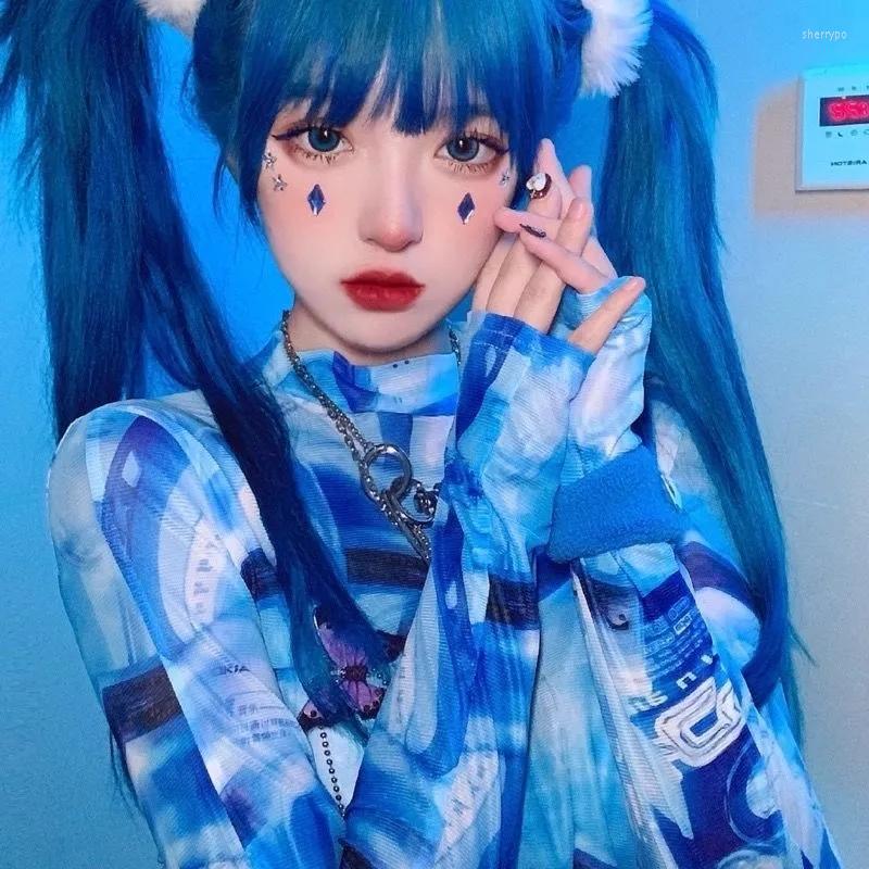 

Women' T Shirts Street Tie-dye Printed T-shirt Female Harajuku Tight High Neck Top Y2K Girl Park Vintage Piece Suit Long-sleeved Solid, Blue