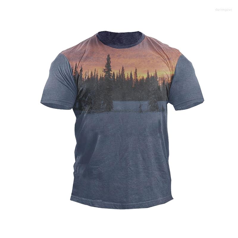 

Men' T Shirts Men' Natural Scenery Graphic T-shirt Outdoor Sunset Mountains Round Neck Short Sleeve 3D Print Summer Oversized Clothes, Navy blue