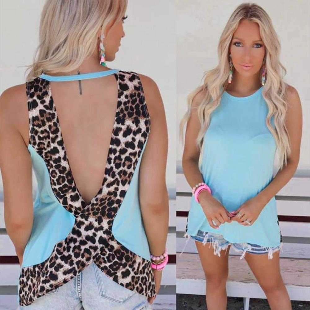 

Leopard Splicing Printed Sleeveless Sexy Backless T Shirt Womens Tops, Blue4