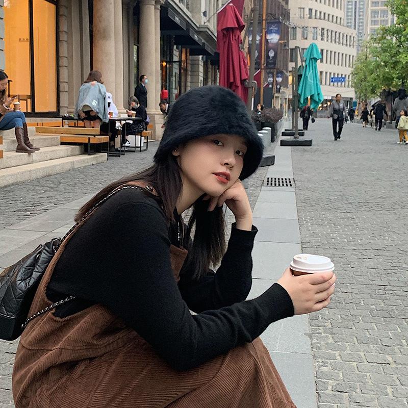 

Berets Autumn Winter Bucket Solid Color Hat Female Imitation Fur Cover Washbasin Cold-proof Warm Plush Fisherman, Black