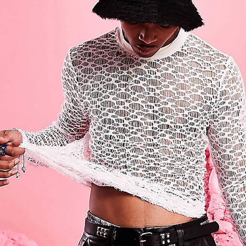 

Men' T Shirts Sexy Mens White Clubwear Fashion Slim Hollow See Through Mesh Pullover Tops 2023 Party Men Crew Neck Long Sleeve Shirt Tee, 01 white