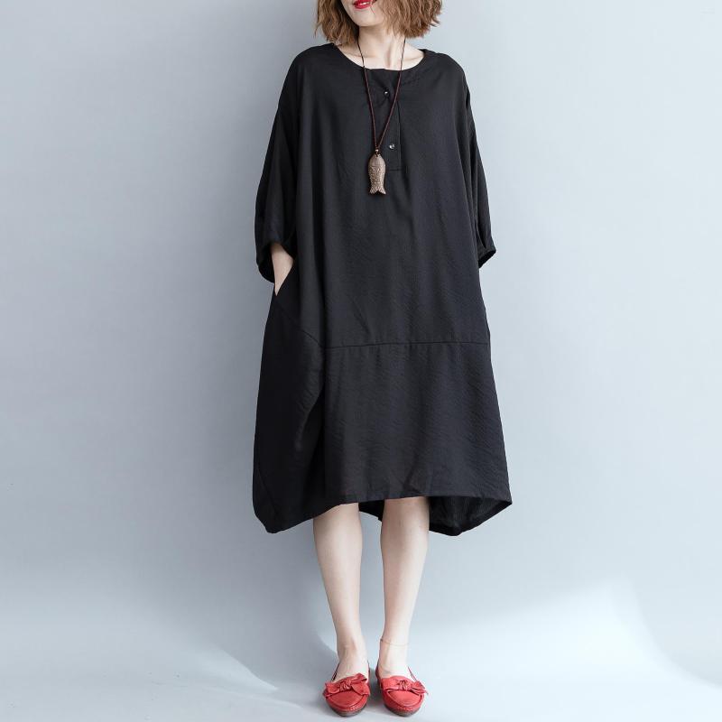 

Party Dresses Johnature 2023 Summer Fashion Casual O-neck Pockets Loose For Women Comfortable Half Sleeve Dress, Black