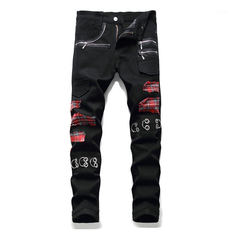 

Men's Jeans KIOVNO Men Fashion Stretch Trousers Patchwork Rivet Denim Pants Male Hip Hop Streetwear, Black