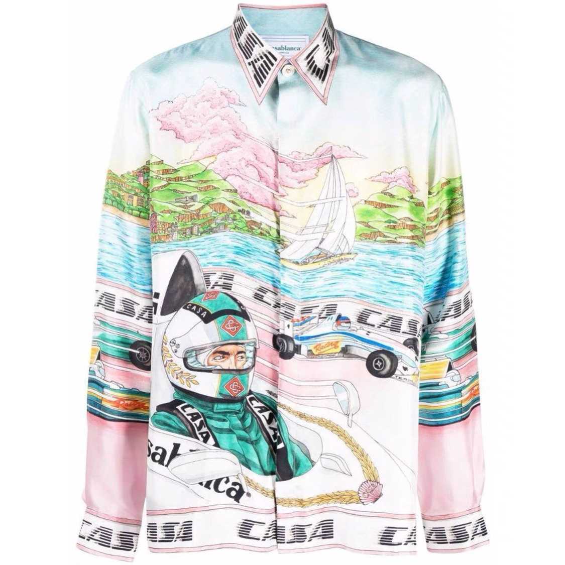 

Casablanca silk casual shirt Men and Women Green Racing Printed Sicilian Sailboat Coast Hawaii Long Sleeve Shirt, As shown in figure