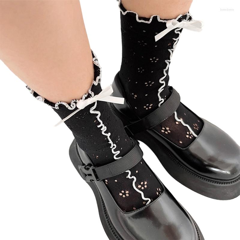 

Women Socks Crew Contrast Color Ruffle Trim Bowknot Hollow Floral Hosiery, Black