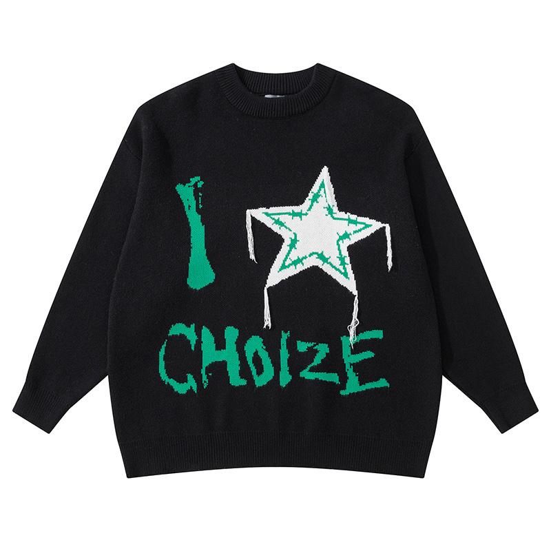 

Men's Sweaters Harajuku Stars Tassel Bone And Letter Print Retro Mens Pullover Oversized Hip Hop Loose Couple Sweater Round Neck Tops, Black