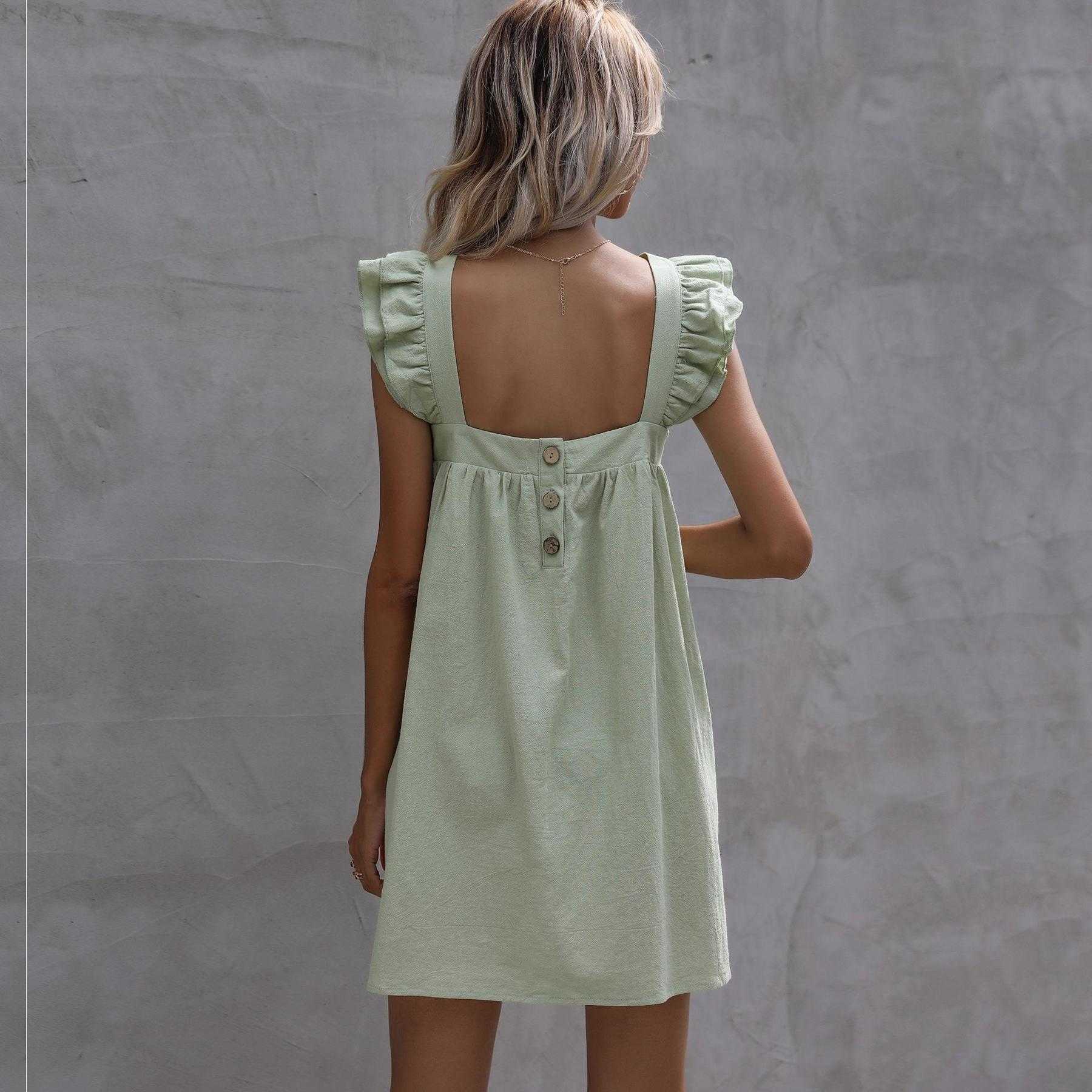 

Summer Loose Babydoll Dress Square Collar Sleeveless Vest Backless, Army green