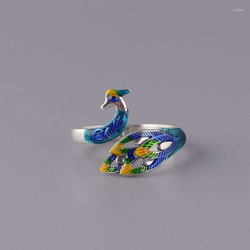 

Cluster Rings Chinese Landscape Thai Blue Craft Peacock Open Screen Ring Female Fashion Wild Phoenix Jewelry Accessories