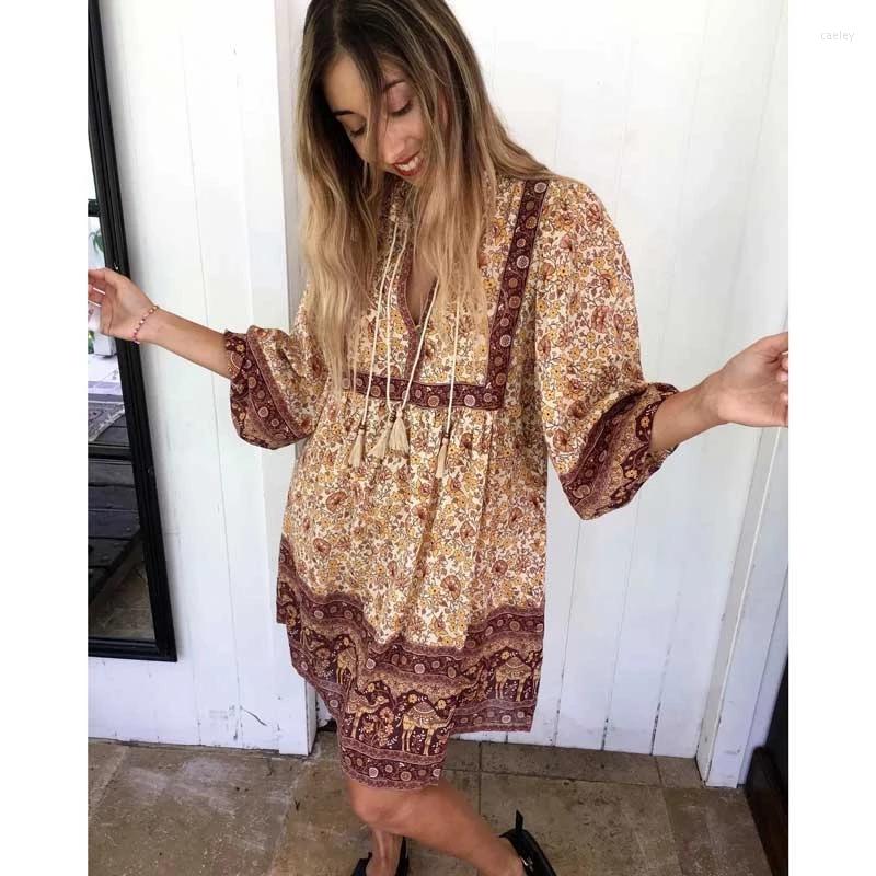 

Casual Dresses Flordevida Floral Print Summer Dress Mini Cotton V-neck Long Sleeve Boho Beach Holiday Tassel Tied Women, Orange