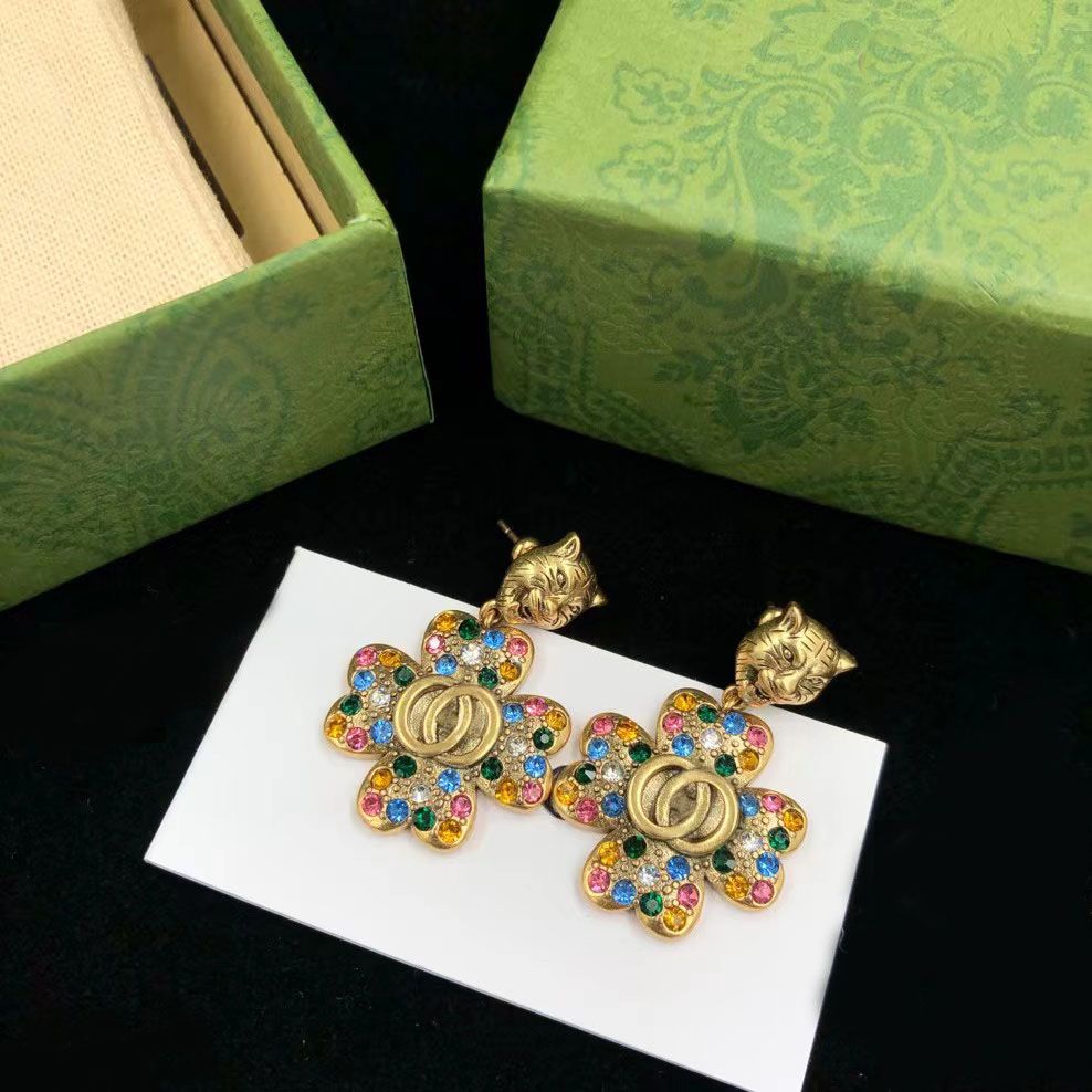

2023-w Charm Earrings Fashion Light Luxury Brand Designer Vintage Leopard Head Colorful Diamond Petal Earring Wedding Party High Quality Jewelry with Box and