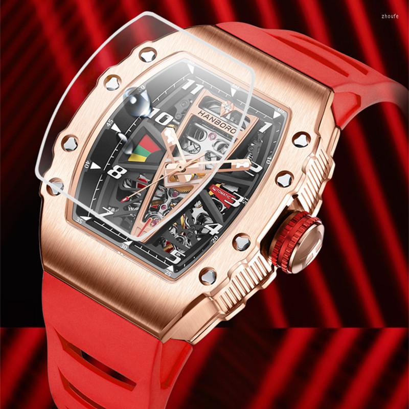 

Wristwatches HANBORO Wine Barrel Watch With Diamond Business Automatic Men'S MontreWatch For Men Mechanical Watches, Gold-red