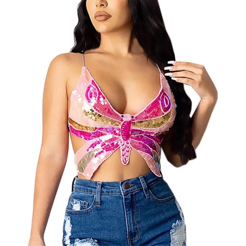 

Women's Tanks & Camis Sparkly Butterfly Sequin Crop Top Bandage Bra Belly Dance Vest Costume Outfits Vintage Party Camisole TopWomen's