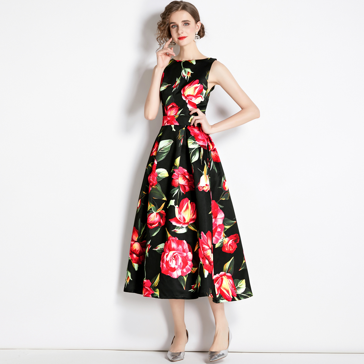 

2023 Summer Elegant Floral Midi Dresses Women Designer Resort Robe Runway Slim Big Flower Pattern Round Neck Vest Dress Ladies Chic Weekend Cafe Casual Party Frocks