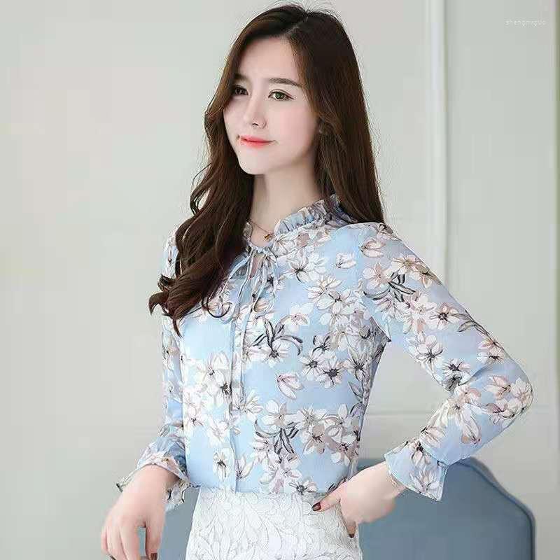 

Women' Blouses Woman Fashion Flower O-neck Printing Ladies Shirts Chiffon Spring Long Sleeve Tops G86, Pink