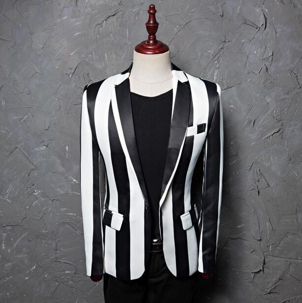 

Men's Suits & Blazers Fashion Printed Dress Korean Casual Suit Male England Coat Studio Host Hair Stylist Stage Zebra Stripe Men, Black white stripes