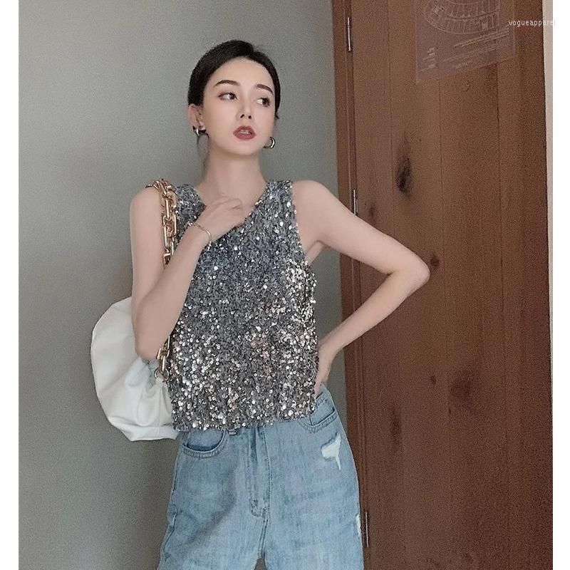 

Women's Tanks Bling Sequins Tank Top Women Korean Fashion Loose Sleeveless Tops, Silver