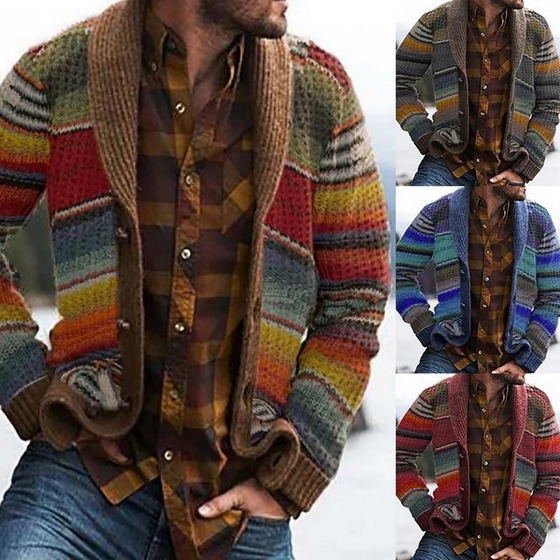 

Men's Sweaters Vintage Sweater Knitwear Autumn Color Block Rainbow Striped Tops Men Cardigans 2023 Fall Casual Knitted CardiganMen, Blue