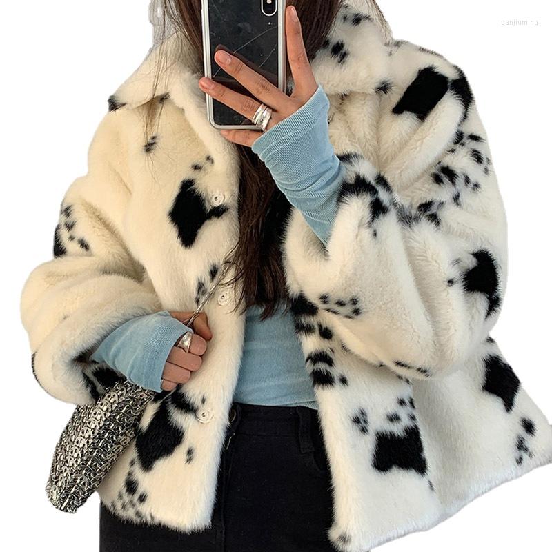 

Women' Jackets Coat Women' Black And White Cows Pattern Loose Casual Plush Thickened
