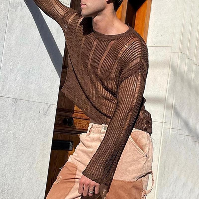 

Men's T Shirts Fashion Leisure Tops Beach Tight Clubwear Crew Neck Cut Up Hollow Out Knitted Long Sleeve Nightclub Party, Brown