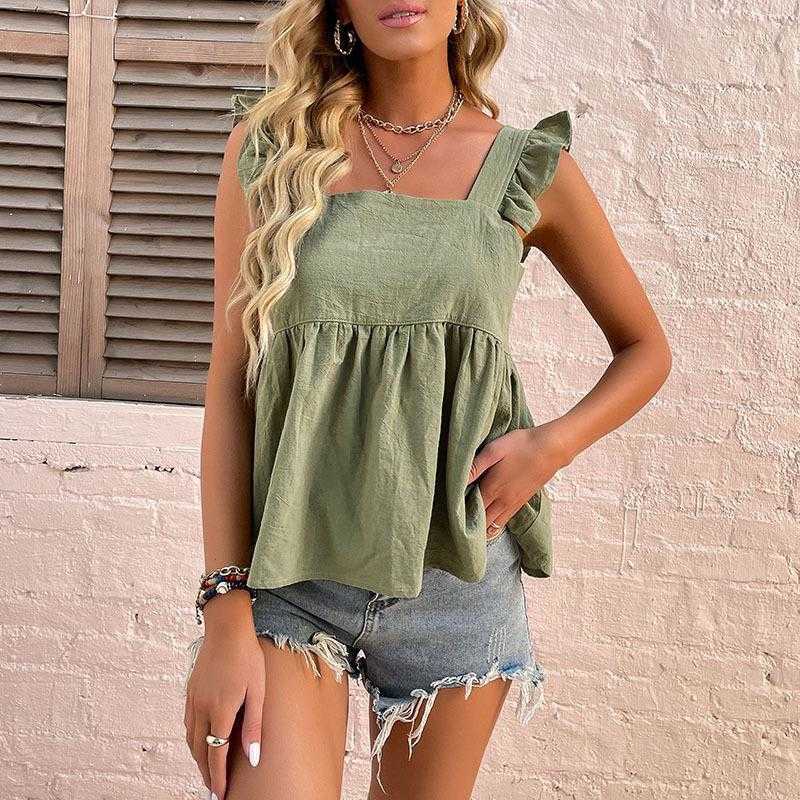 

Summer Solid Color Loose Cotton Tank Linen Sleeveless Green Ruffled Square, Black2