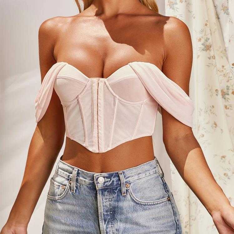 

Womens Off Shoulder Mesh Tank Solid Color Sexy Bandeau Crop Top Short Women, Pink