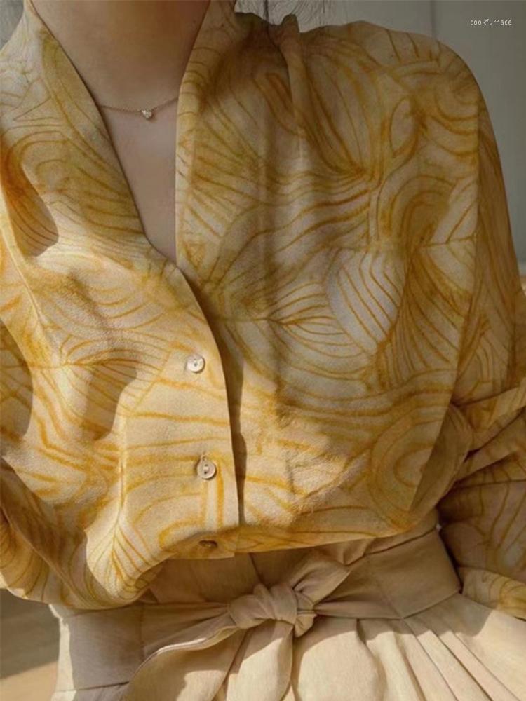 

Women' Blouses Women Shirt Abstract Leaf Print Yellow V-Neck Single-Breasted Silk, Ginger