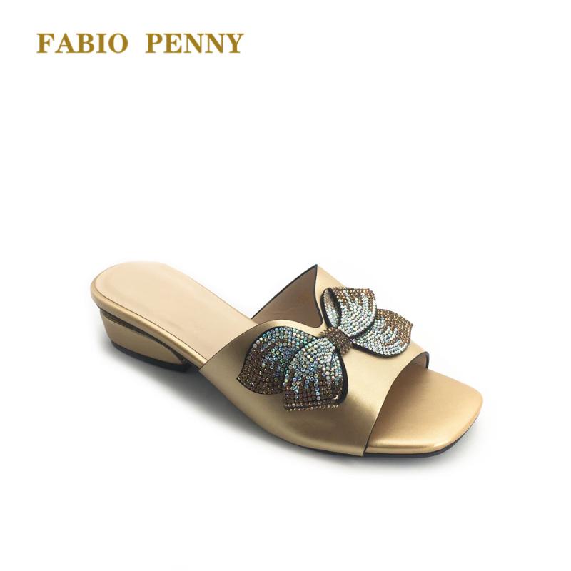 

Slippers FABIO PENNY Summer Low-heeled Women's With Bow Wear Sandals For Daily Leisure Open Toe Shoes, Gold