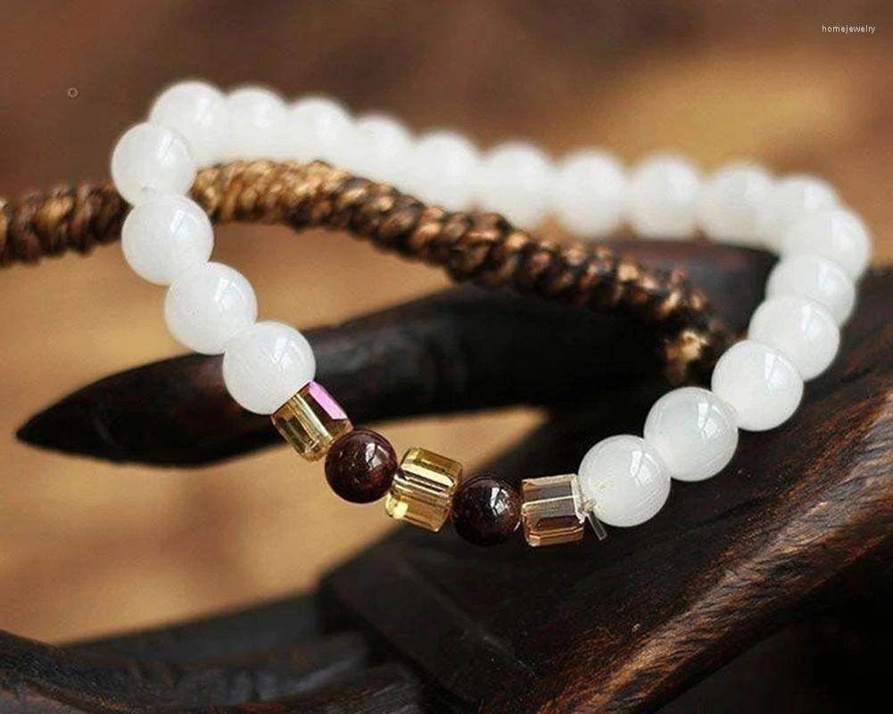 

Strand Natural White Chalcedony Positivity Bracelet & Bangle For Women Jewelry Buddha Elastic Yoga Stone Bead Drop
