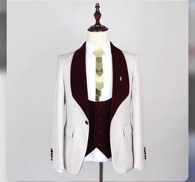 

Men's Suits Custom Made Slim Fit Formal Wedding For Men Ivory Tuxedos Groom Party Prom Suit Burgundy Shawl Lapel Costume Homme Mariage, Same as image