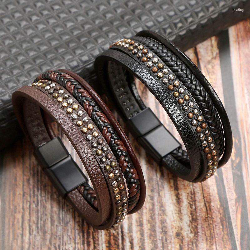 

Charm Bracelets Punk Design Men's Rivet Fashion Multi-Layers Bracelet Magnet Buckle Leather Rope Braided Male Bangles Jewelry Gift