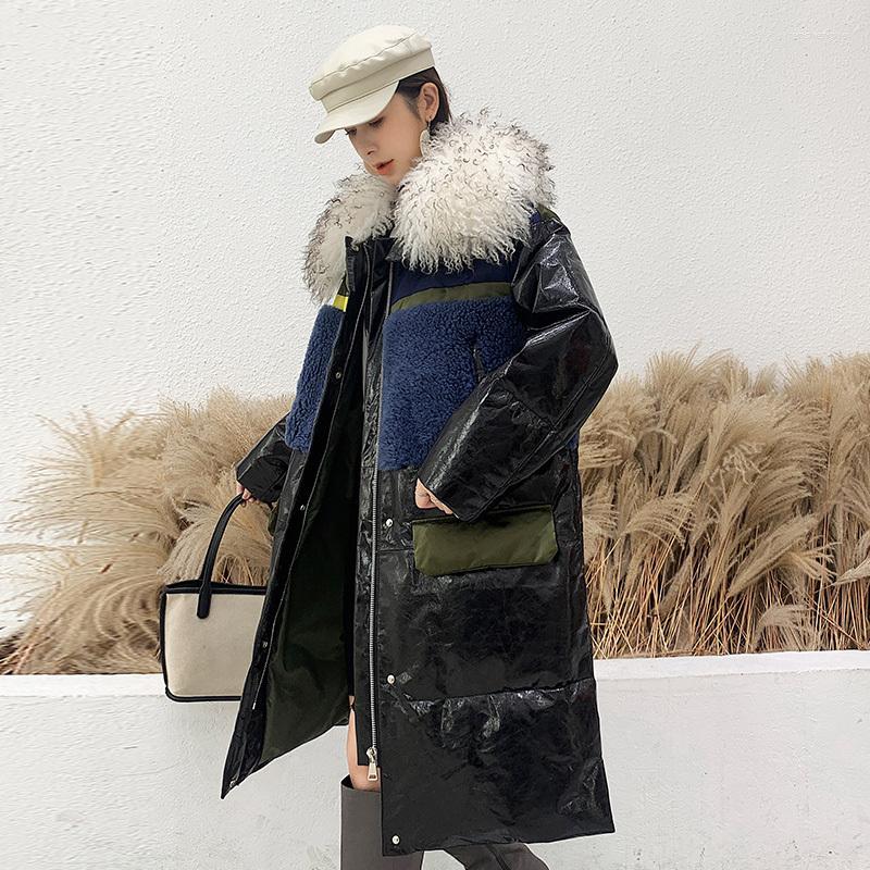 

Women' Leather Winter Genuine Jacket Women Fur Collar Long Real Sheepskin Coat Duck Down Jackets Chaquetas Mujer 2023 Hiver 9102, Black